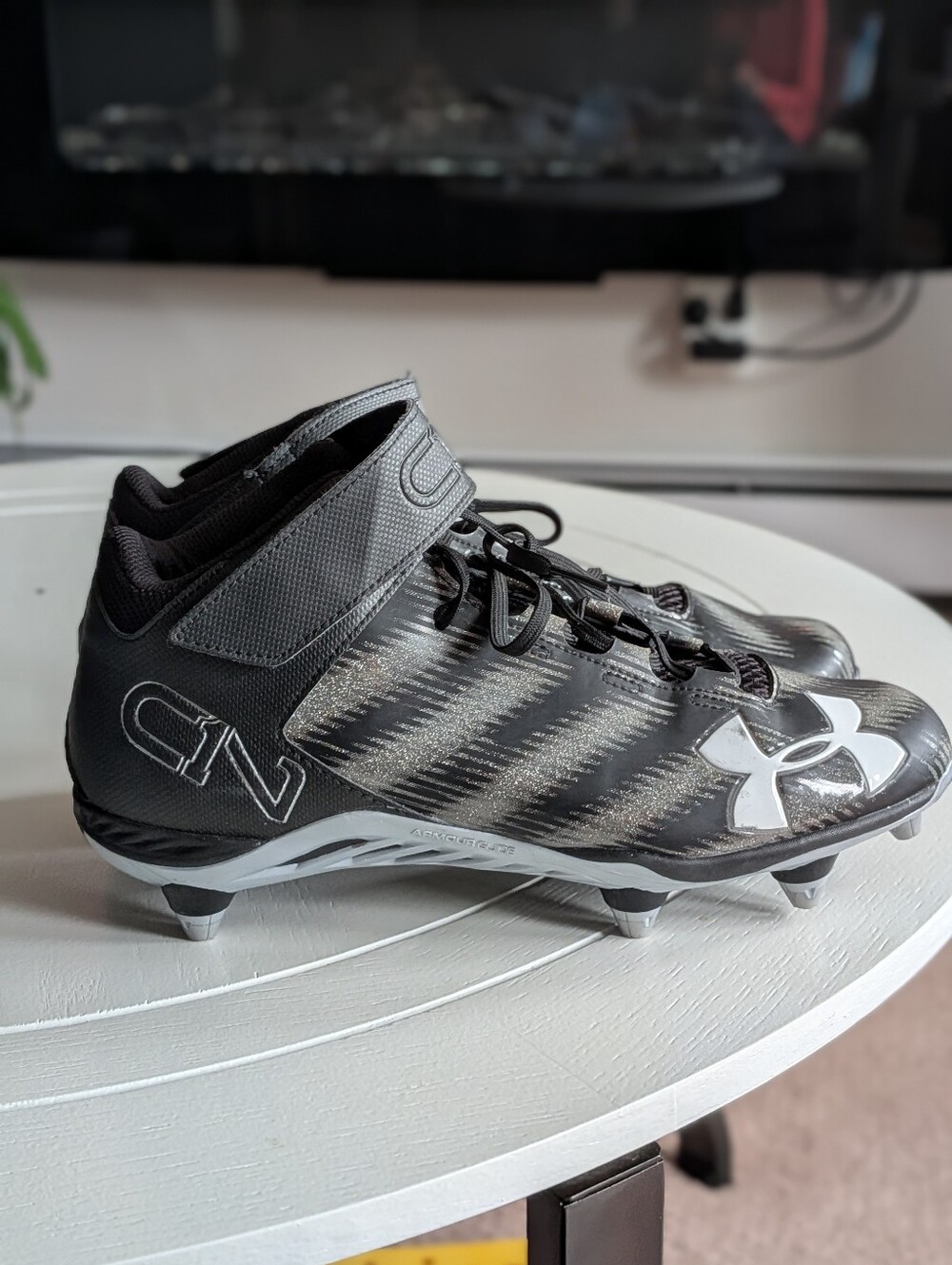 Under Armour C1N Cam Newton Mid Football Cleats Black Silver - Men Size 11.5
